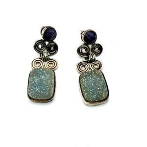 Vintage 90s Sterling Silver Amethyst Druzy Scroll Drop Earrings